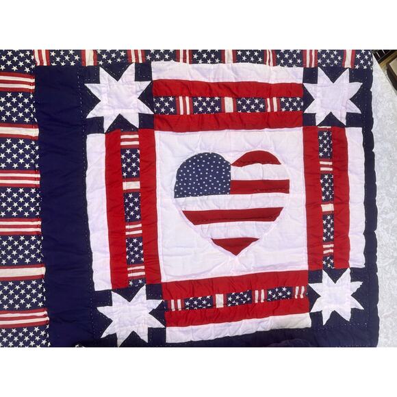 Patriotic Vibrant Red White Blue Stars Bars Hearts 51" x 59" Comfy Quilt - Picture 3 of 5